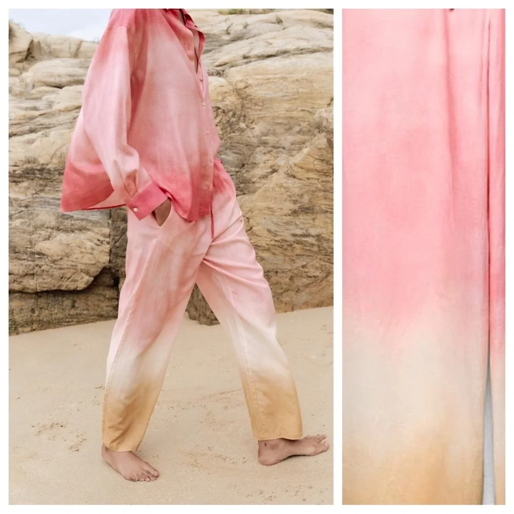 NWT. Zara Pink/Cream Linen Blend Tie-Dye Wide Leg Trousers. Size S.